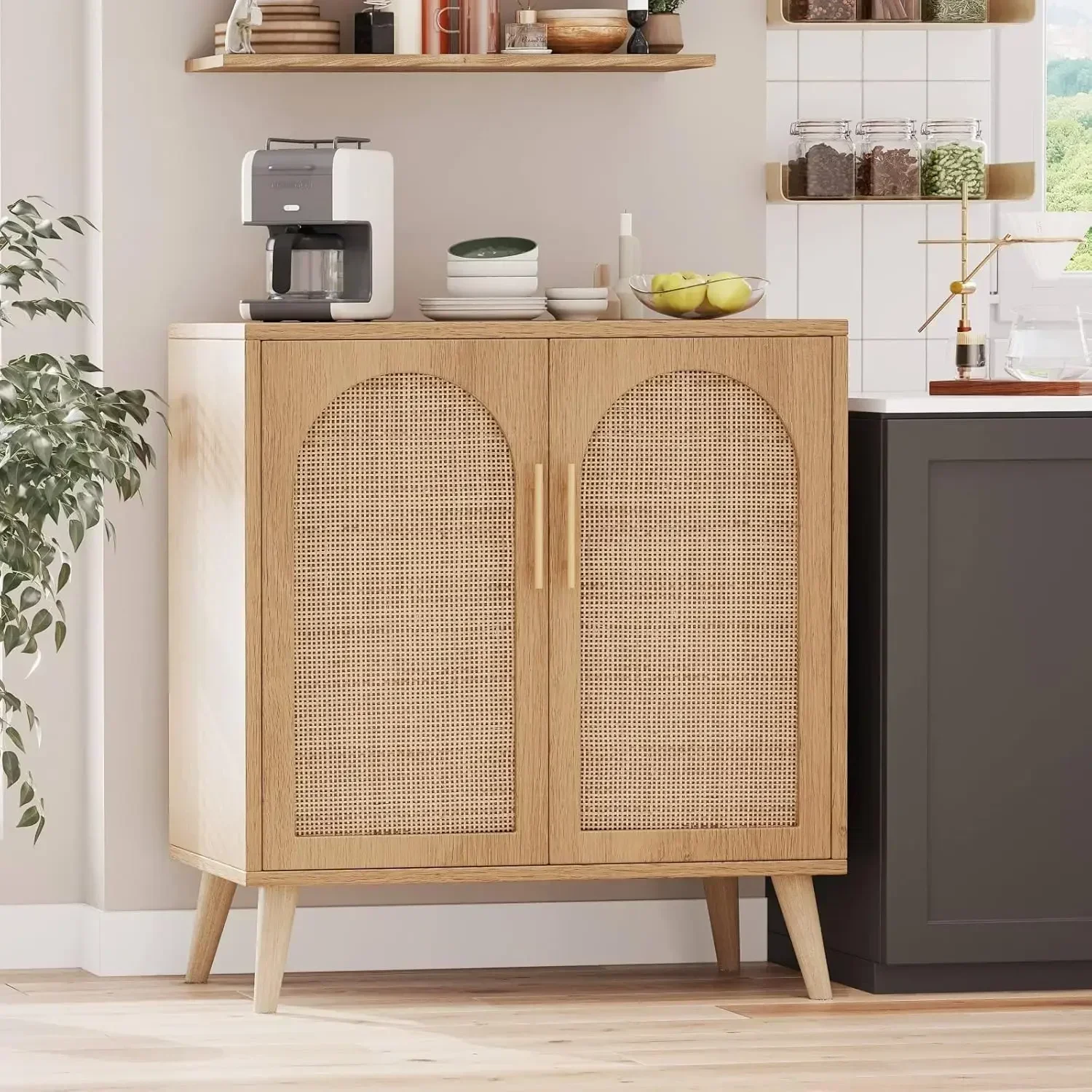 New2025-Rattan Storage Cabinet with Doors, Accent Bathroom Floor Cabinet, Modern Sideboard Buffet Cabinet for Living Room, Entry