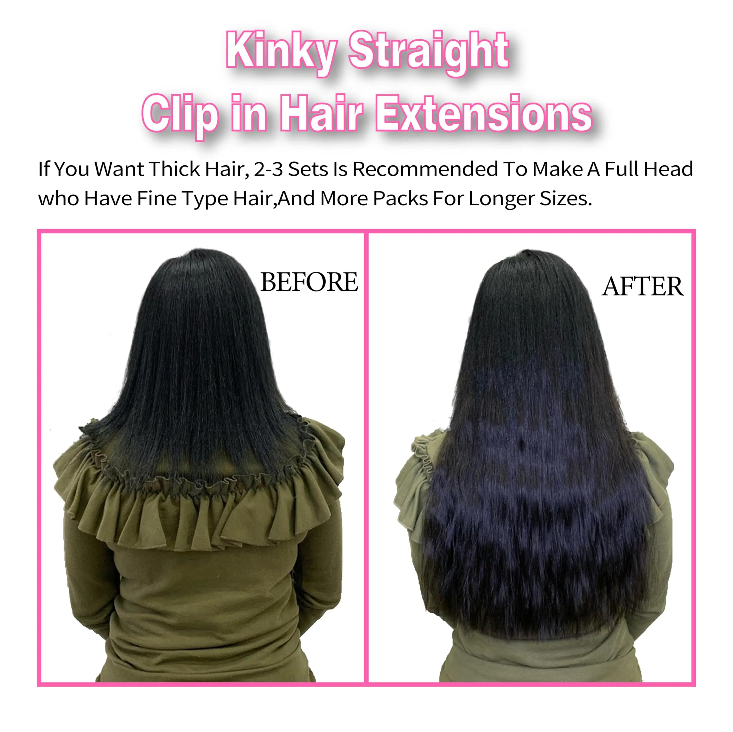 Kinky Straight Human Hair Extensions 16 Inch Human Hair Extensions for Women Clip in Remy Clip in #1B