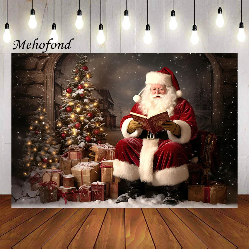 MEHOFOND Sfondo Fotografico Natalizio 2,4x1,8 M – Babbo Natale Con Finestra E Corona – Tessuto In Poliestere