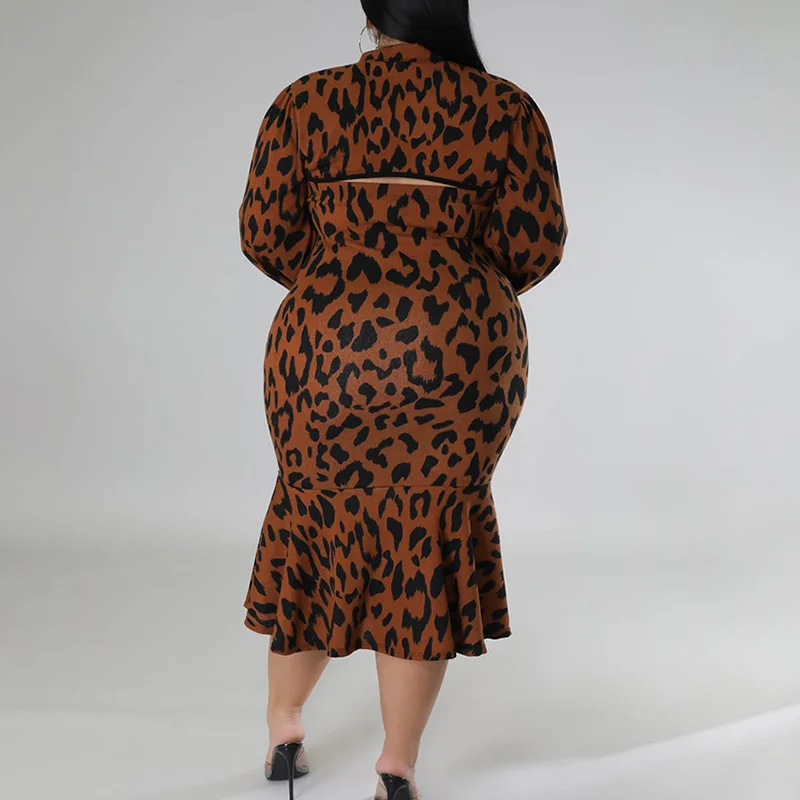 Lady Stand Collar Leopard Printing Lantern Long Sleeve Plus Size Hollow Out Slim Hem Splicing Ruffles Bag Hip Autumn Midi Dress