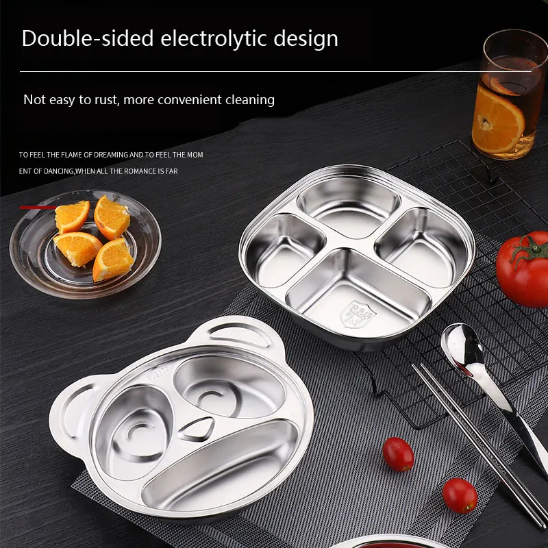 Stainless Steel Divided Grid Dinner Plate, Children's Lunch Box with Lid, School Canteen Dinner Rice Plate, Kitchen Supplies