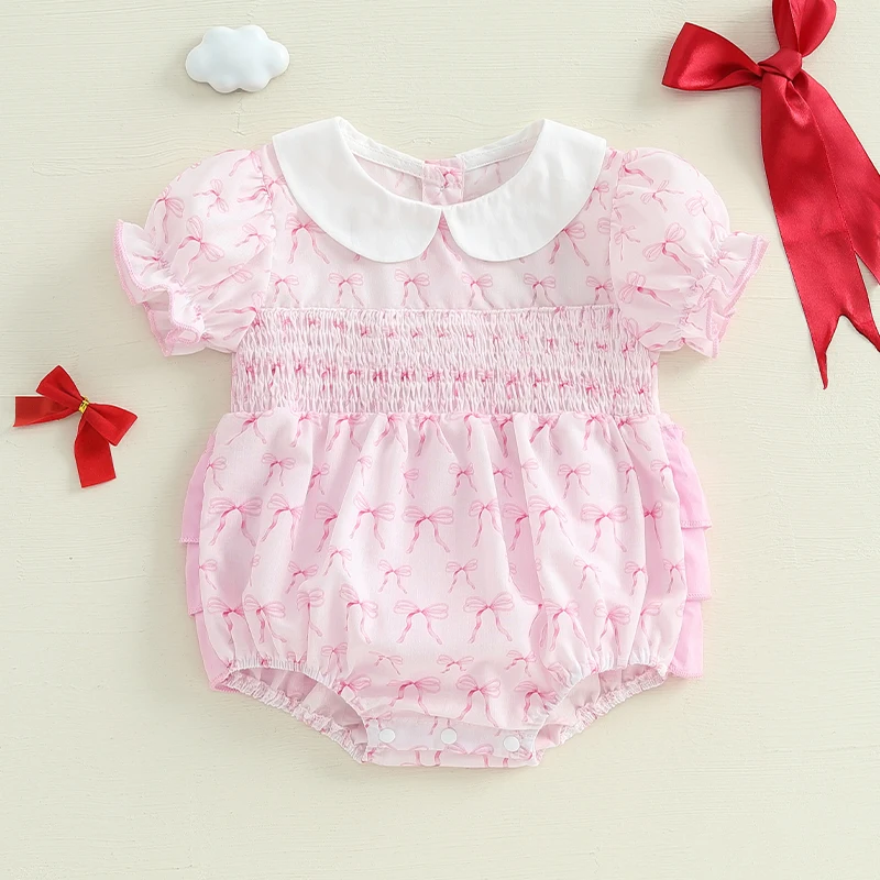 Newborn Baby Girl Romper Outfit Bow Embroidery Short Puff Sleeve Smocked Bubble Romper Doll Collar Bodysuit Jumpsuit Clothes baby rompers,baby jumpsuit,cotton jumpsuit,baby clothing,cotton onesies