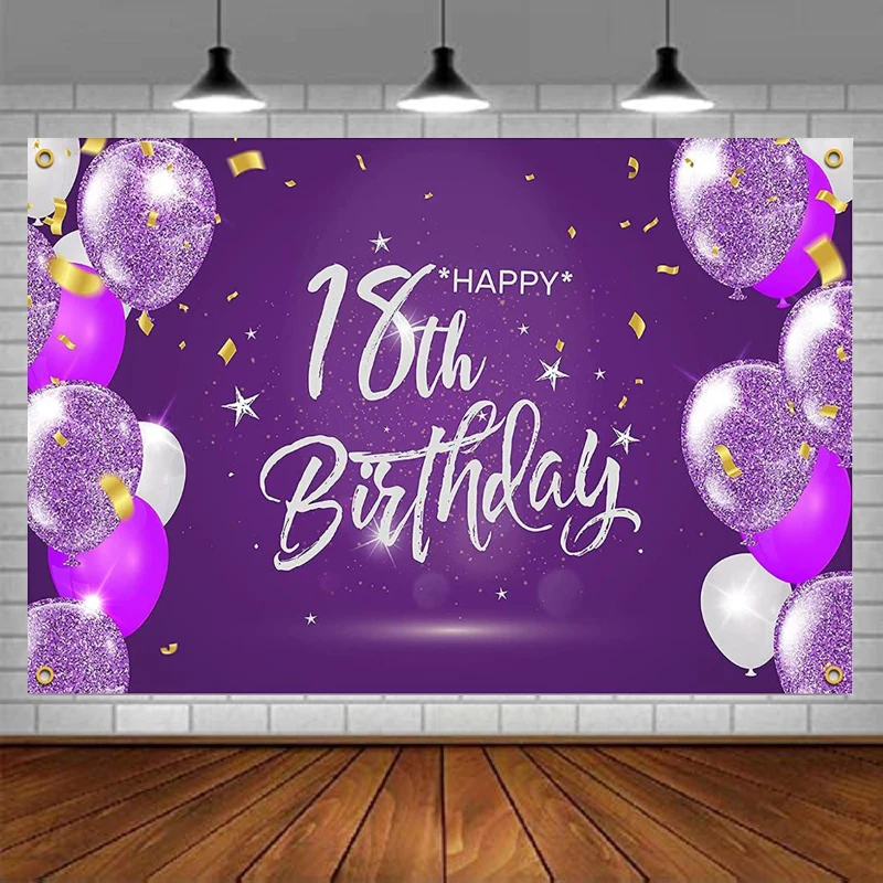 

Photography Backdrop Happy 18 Years Old 18th Birthday Decorations Party Background Banner Supplies For Girls - Purple