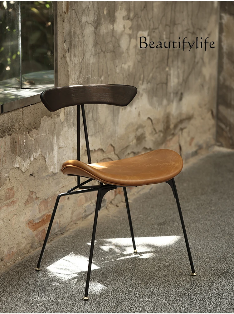 

American Industrial Leather Oak Coffee Shop Niche Retro Iron Art Dining Chair Distressed Log
