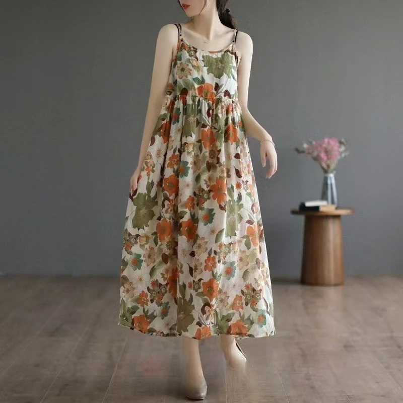 Women's Summer French Floral Waist Vest Dress High-End: Thin Strap Midi/Maxi Length Sleeveless