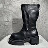 Women Men Fashion Neutral Mid Calf Boots Round Toe Square Heels Genuine Leather Boots Zipper Design Black High Quality Boots