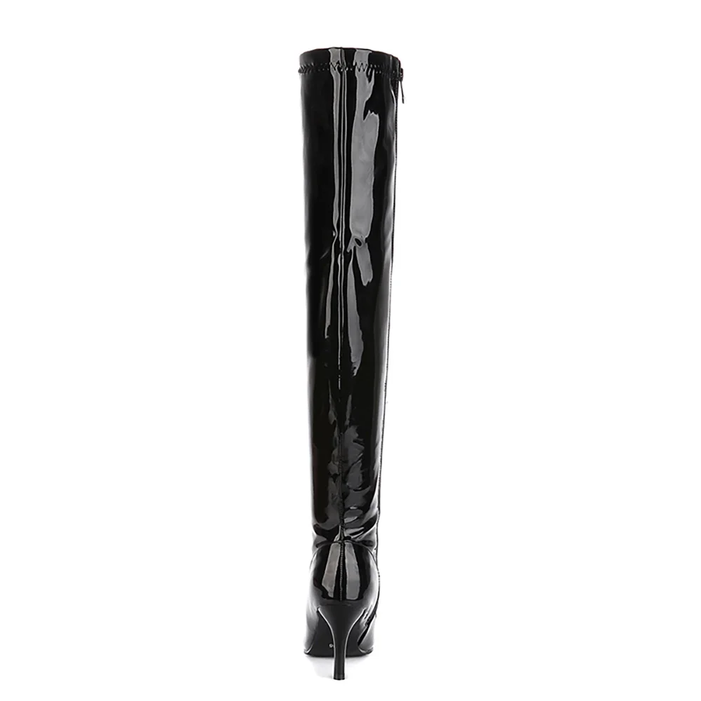 Фото Женские блестящие высокие сапоги, черные, красные сапоги до бедра, обувь для танцев на высоком каблуке ET72, большой размер 10, 32, 43, 48, для зимы №4
