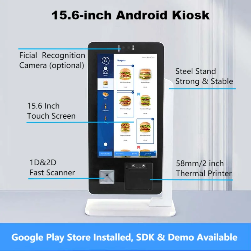 Desktop Self Ordering Kiosk With Facial Camera 15.6 Inch IPS Touch Screen Self Service Machine With Printer QR code Scanner ordering