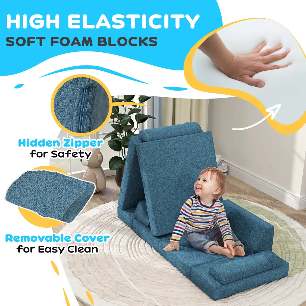 Qaba 12 Pcs Kids Modular Couch, Toddlers Couch Child Sectional Sofa, Playroom Bedroom Furniture for Boys and Girls, Blue 4