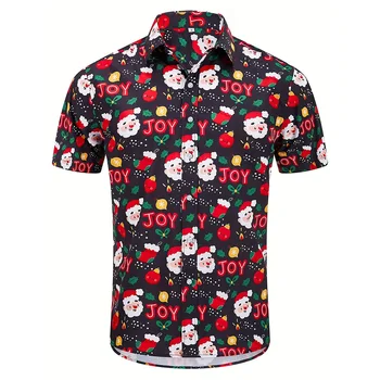 Men's Christmas Party Shirt Fashion Casual Short Sleeve Button-down Lapel Top Santa Printed Men's Shirt Holiday Loose Clothing