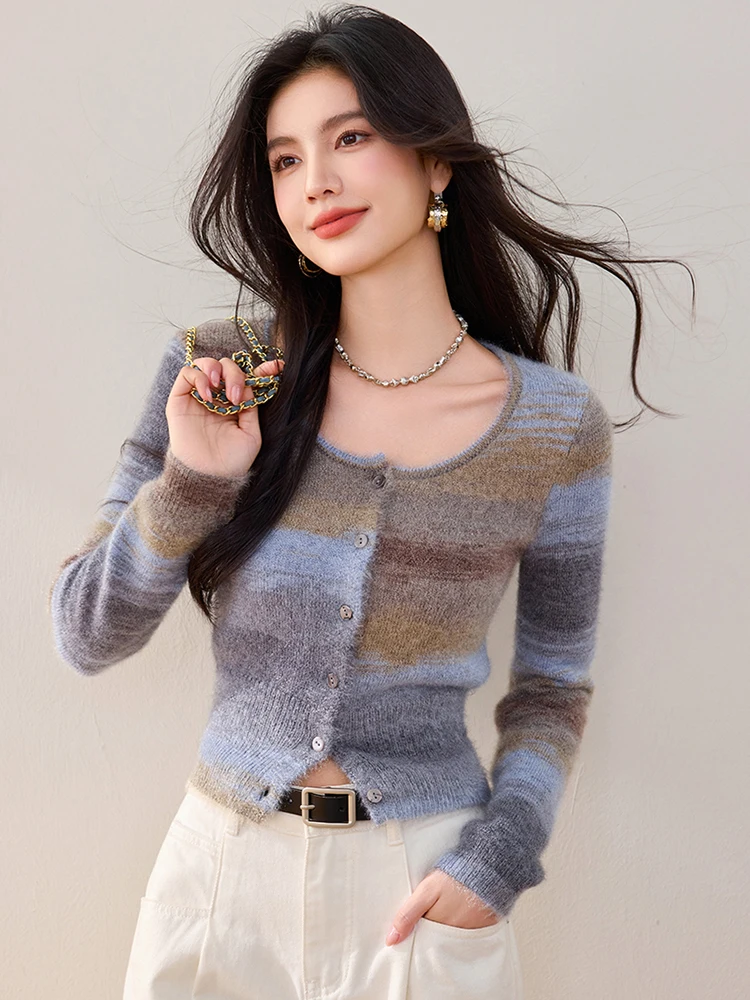 Crop Cardigan  Women’s Vintage lazy style cropped knitting long sleeves boatneck slim fit button-up short Tops Cardigans for woman in multi brown blue Gray grey stripes Fashionable Niche Design Knitwear Fall Autumn Spring womens striped Sweaters fashion
