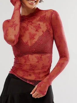 Chic Floral Lace Sheer Tops Women Long Sleeve Mock Neck Mesh Layering Top Sexy See Through Y2k Floral Tee Shirts Street Blouse 1