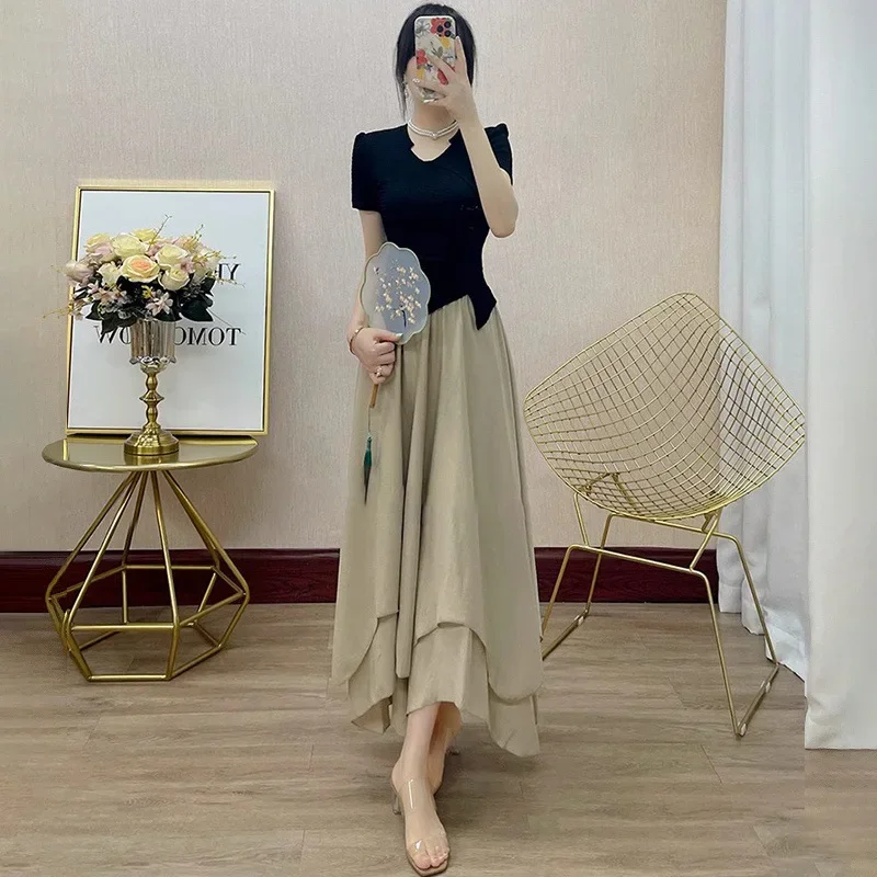 سليم صالح تي شيرت برقبة على شكل  عالية الخصر تنورة غير متناظرة قطعتين مجموعة الصيف الشاي الملح نمط المرأة موضة الزي غير الرسمي