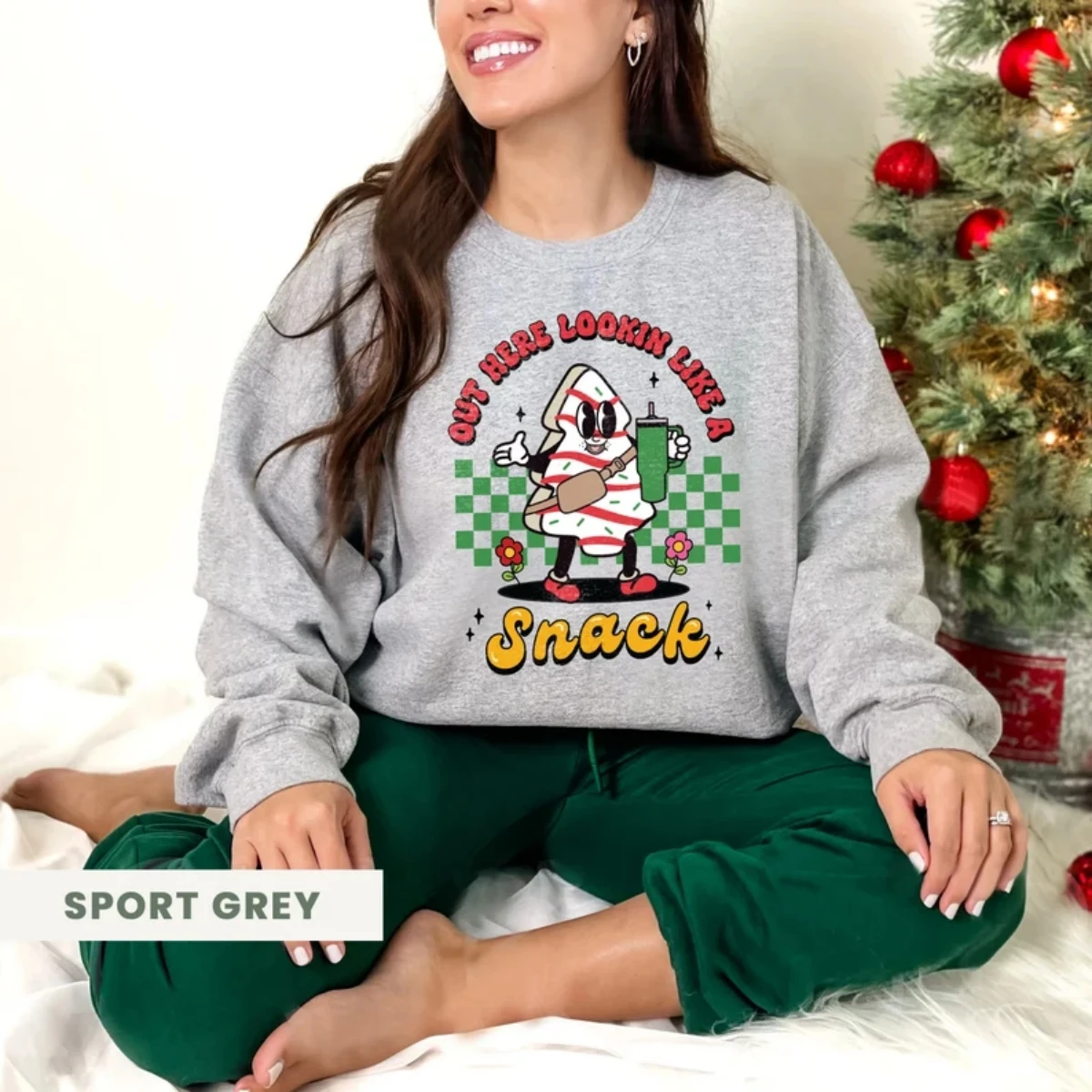 like a snack christmas print sweatshirt casual long sleeve crew neck pullover top winter clothes women Funny Christmas Sweatshirt Out Here Looking Like A Snack Cake Pullover Shirt Little Debbie Christmas Tree Cake Winter Clothes