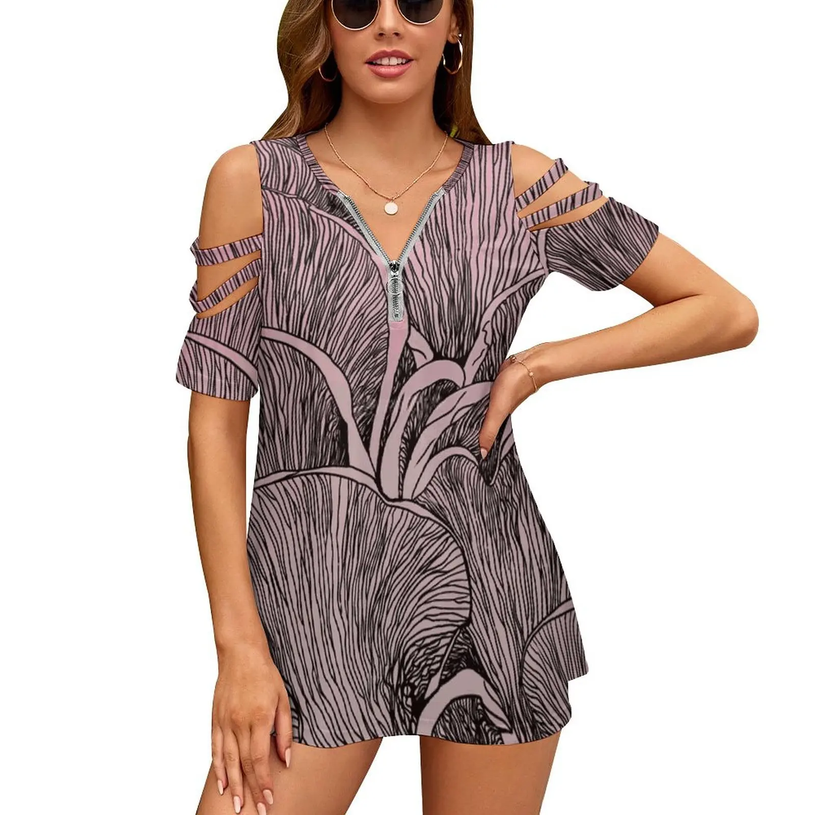 Pink Oyster Mushroom , Pleurotus Djamor Women Zipper Sexy Printed Vintage T-Shirt Top Full Print T-Shirt Fungo Pink Oyster