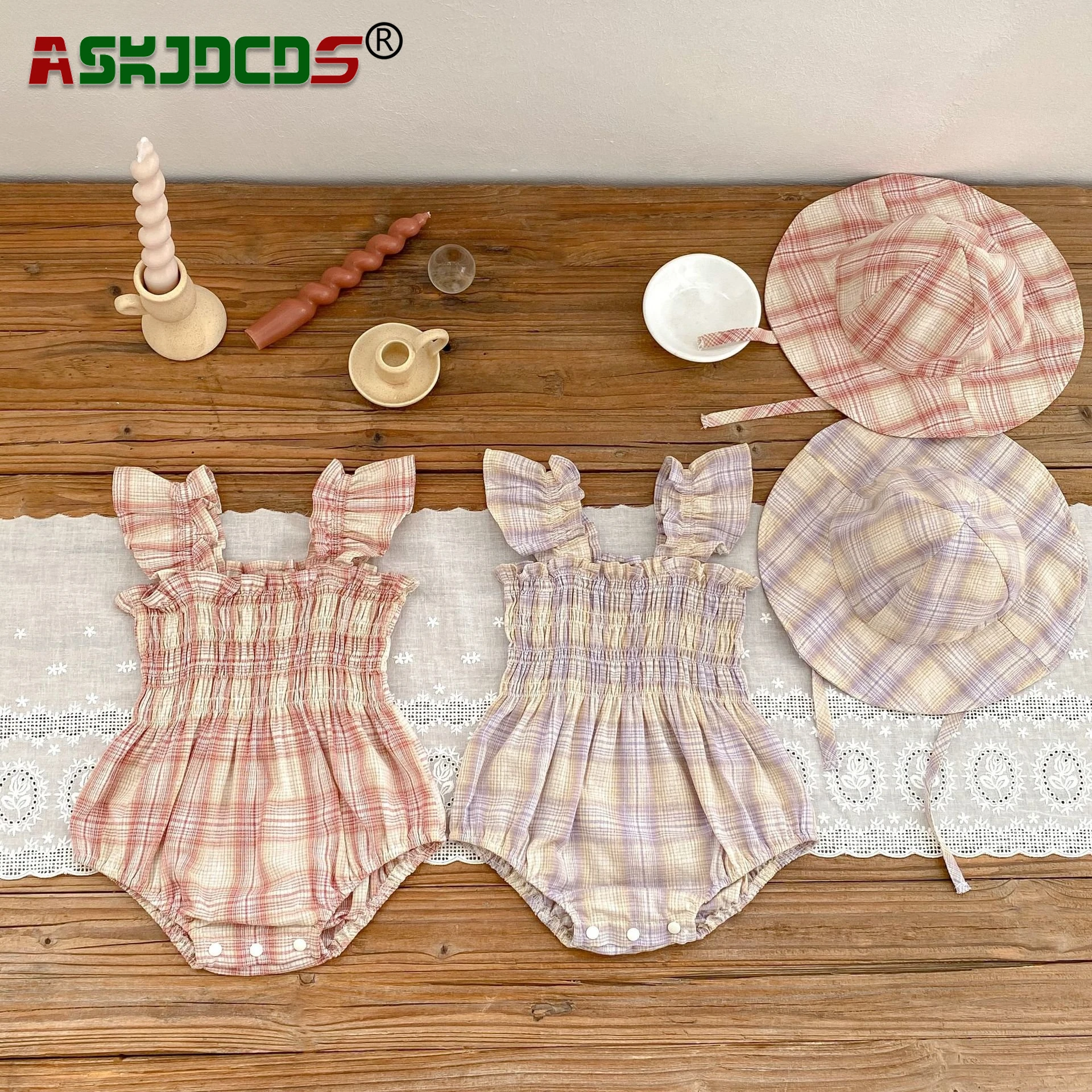 

2024 Fashion Summer Outfit Plaid Ruched One-Piece Overalls Fly Sleeve for Newborns Infants-Kids Baby Cotton Bodysuit+hat Perfect