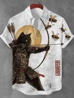 Japanese Kyudo Print Shirts Hawaiian Beach Men's Clothing 2025 Summer Holiday Black Cat Tribal Warrior Lapel Collar Retro Tops