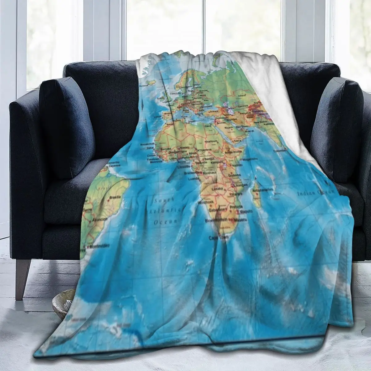 3D World Map Blankets Blue Ocean Countries Travel Office Flannel Throw Blanket Warm Soft Couch Chair Sofa Bed Bedspread Gift 3