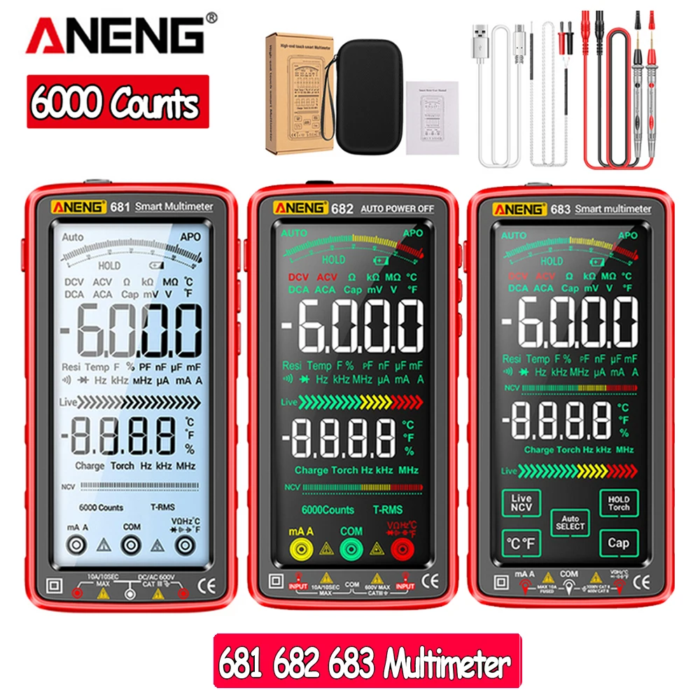 

Цифровой мультиметр ANENG 681/682/683, бесконтактный Тестер Напряжения, измеритель напряжения переменного/постоянного тока, тестер тока с сенсорным экраном, тестер диодов бесконтактного напряжения