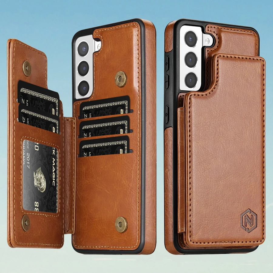 Magnetic Double Buckle RFID Blocking Leather Card Holder Wallet Case