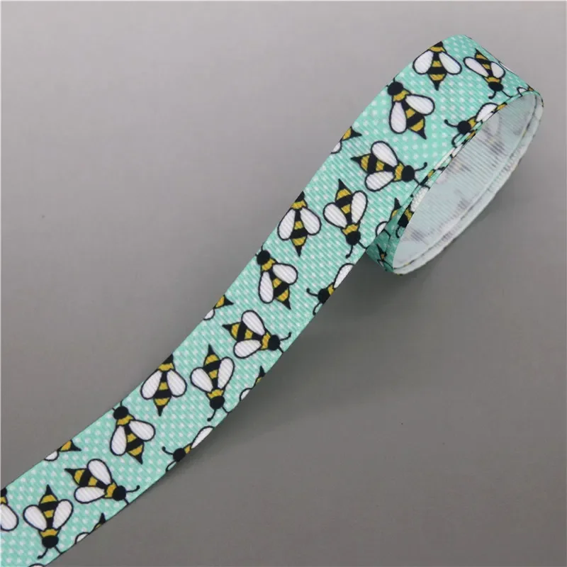 DHK 22mm 5yards Animals Fox Bee Owl Printed Grosgrain Ribbon Accessories Headwear Decoration Collar DIY Sewing Craft E2231