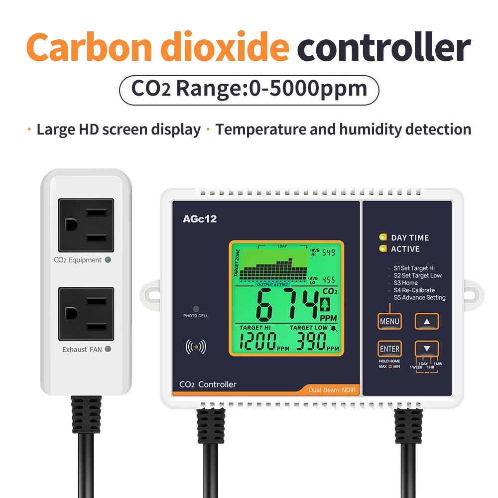이산화탄소 컨트롤러 듀얼 채널 자동 온실 식물 CO2 농도 제어 압력 조절기, AGc12 미국 EU