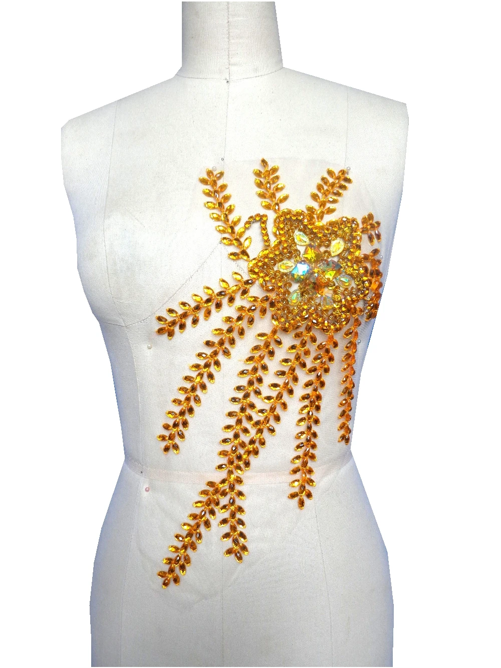 

A103 Handmade sew on Rhinestones applique golden crystal trim patches with stones sequins beads for dress 38*21cm