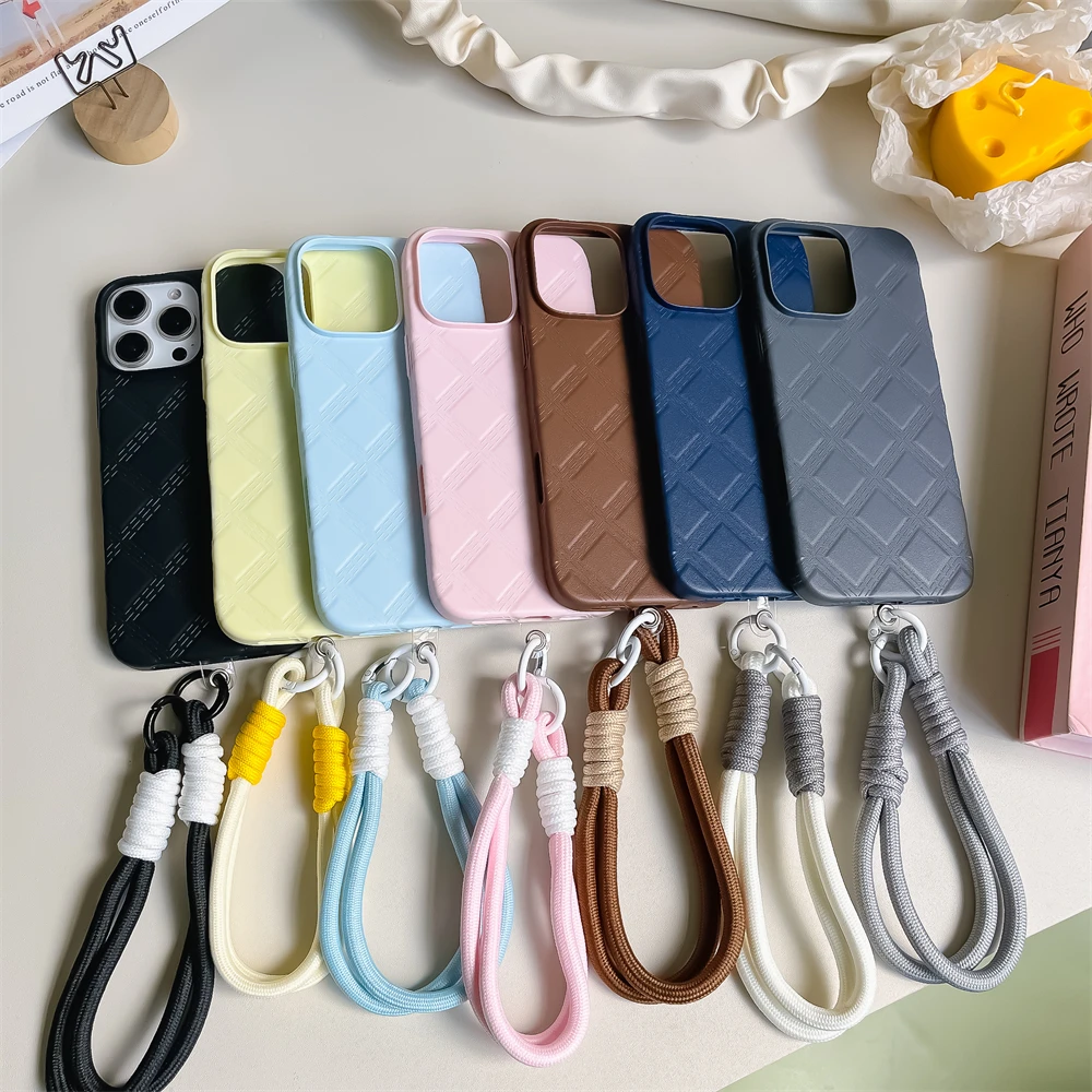 Funda de cuero de lujo con textura a prueba de golpes y cordón para iPhone 16, 15, 14, 13, 12 Pro Max, protección para cámara, parachoques trasero_voghion.com