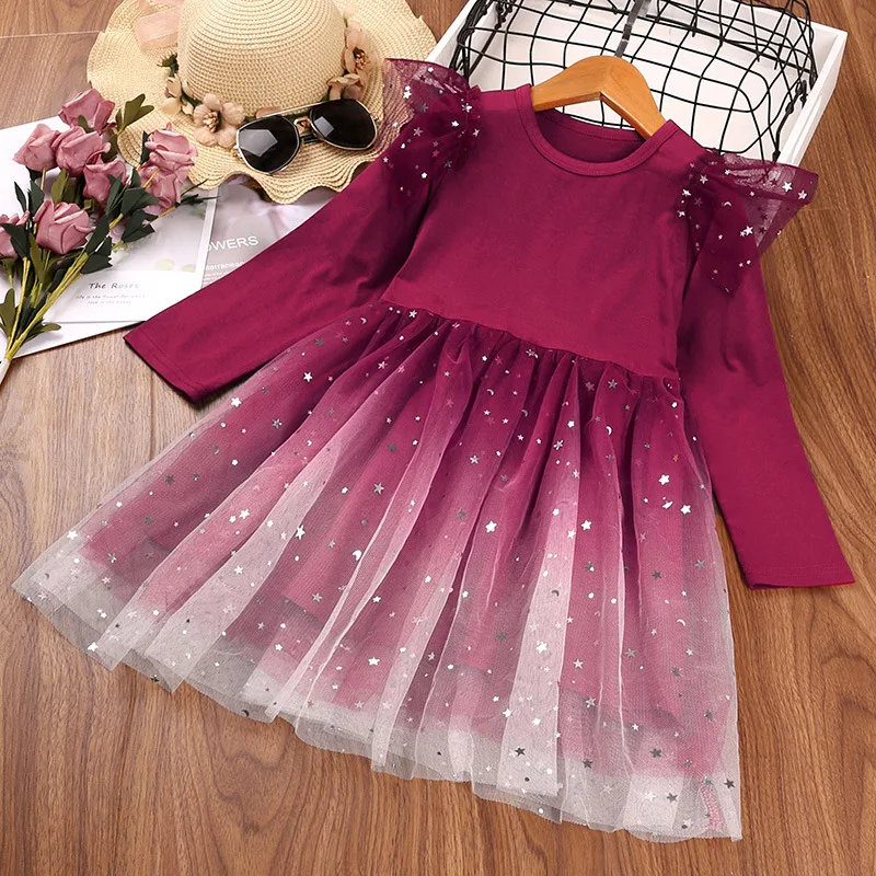 

Autumn New Starry Sky Mesh Long Sleeve Princess Dress Children's Dress Knee-Length Red Flower Girl Dress Sequin Dress