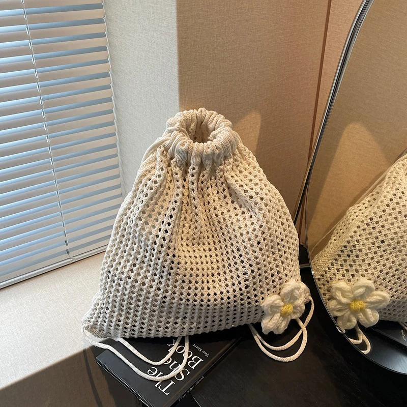Solid Color Knitting Flower Shoulder Bag Large Capacity Hollow Out Bohemian Crochet Backpack Lazy Style Versatile