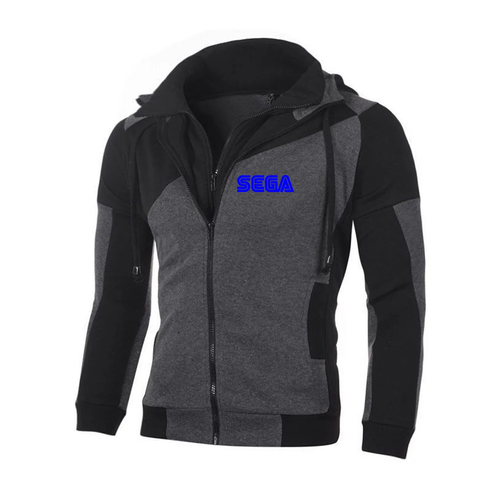 2023 Spring and Autumn New Men Sega Printing Color Matching Hooded Hoodie Cotton High Quality Diagonal Zipper Top