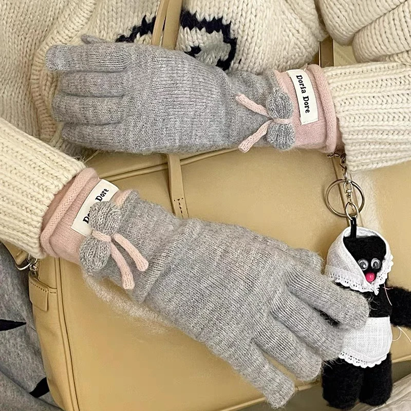 

Bowtie Cashmere Gloves Korean Label Patchwork Touchable Screen Knitted Warm Gloves Winter Hand Warmer Women Y2k Accessories