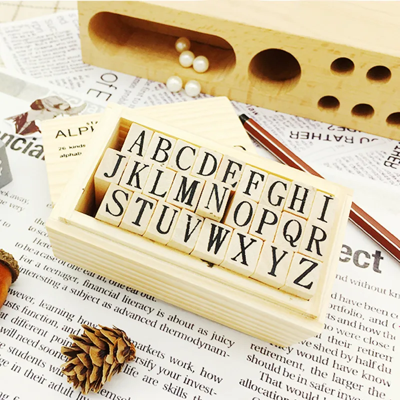 26Pcs Alphabet Stamps Vintage Wooden Rubber Letter Stamp Set Ink Pad