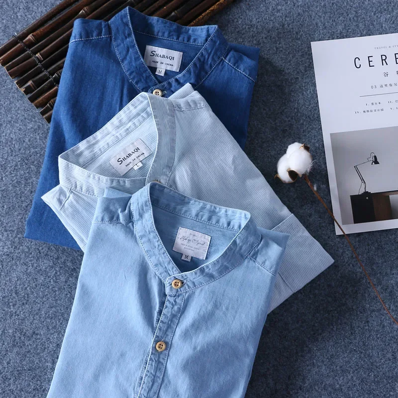 Schinteon Men Long Sleeved Denim Shirt Pure Cotton O-Neck Stand Collar Slim Slight Elastic Jeans Simple Solid Color Top