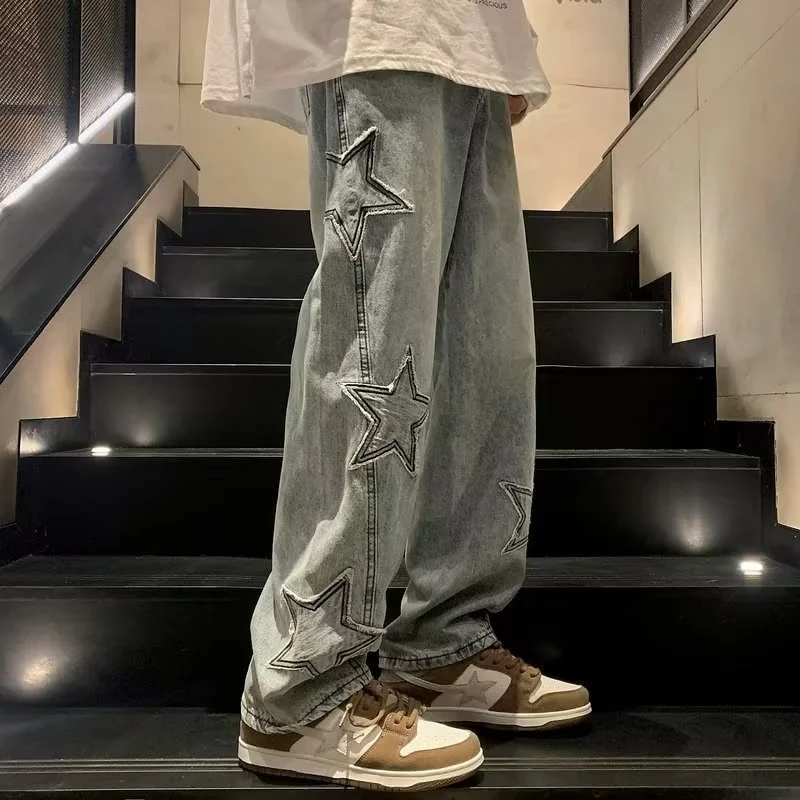 

Fashion Mens Pants Pentagram Patch High Street Baggy Jeans Loose Straignt Casual Harajuku Designer Male 2023 Wide Leg Pants