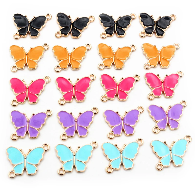 10pcs 15x20mm 더블 루프 나비 매력 펜던트 에나멜 합금 금속 매력 DIY 쥬얼리 액세서리 목걸이 팔찌