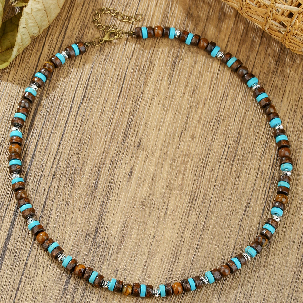 Vintage boho personality men's pine stone set necklace wood bead handmade beaded bracelet accessories 3