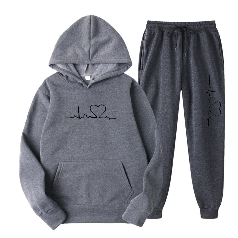 2023 Men And Women Plus Fleece Hoodie Set Autumn And Winter Men's Heart Figure Hoodie Trend Casual Men's Printed Shirt
