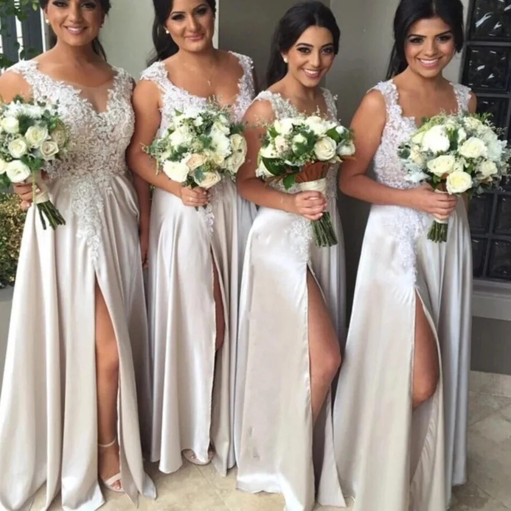

Sexy 2023 Sheer Neck A-line Bridesmaid Dresses Long Cap Shoulder Side Split Lace Solf Satin Formal Wedding Party Gowns Custom