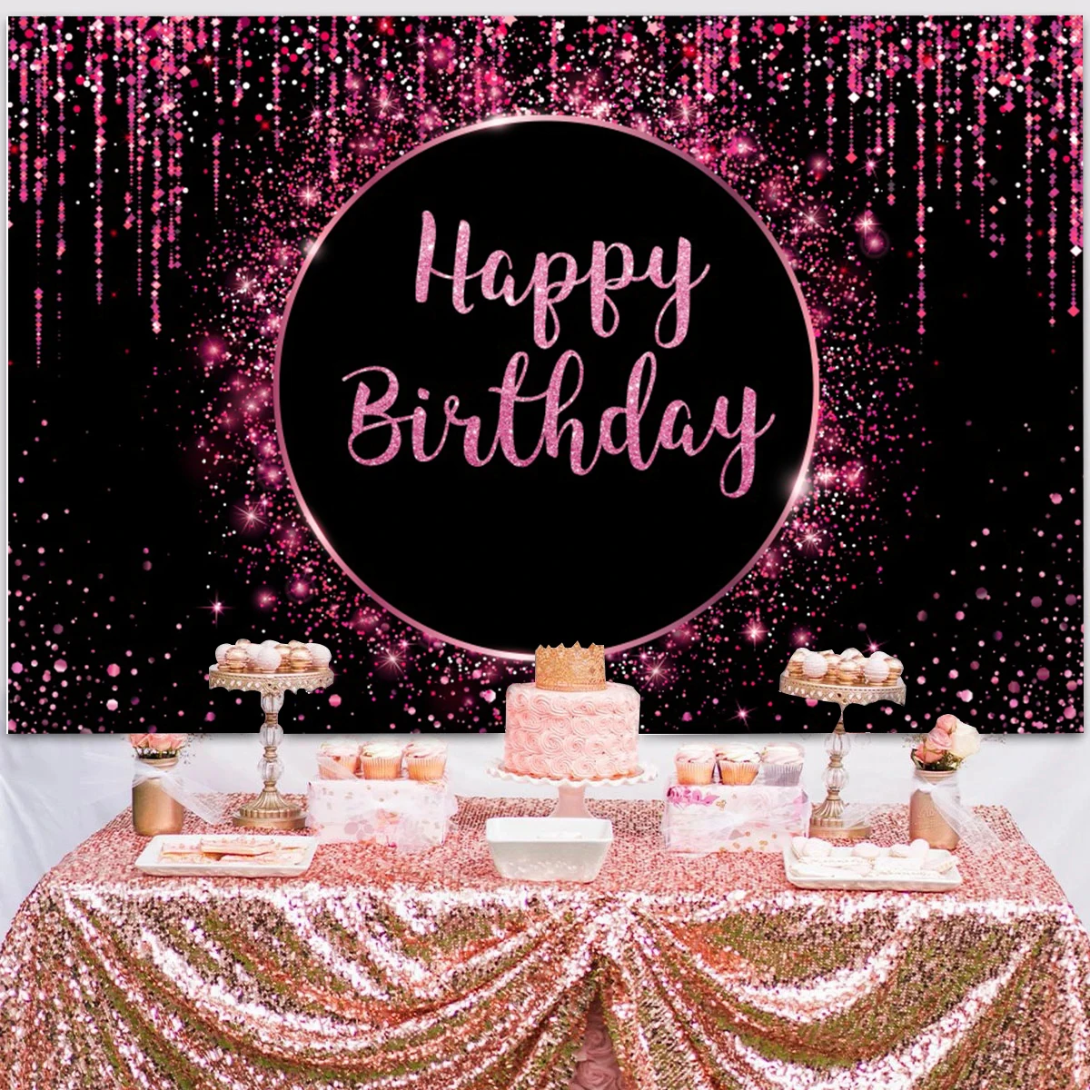 Toile De Fond Happy Birthday Rose à Paillettes - 2,4x1,8 M - Décoration Fête Femme, Anniversaire, Mariage - 9