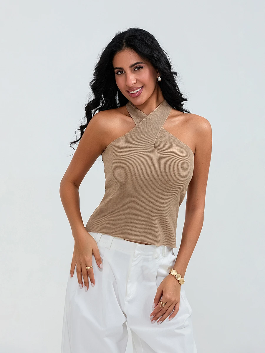 Women's Summer Knit Tank Tops Solid Color Sleeveless Cross Front Slim Sweater Vest Ladies Chic Camis Vest for Streetwear Y2K 00s