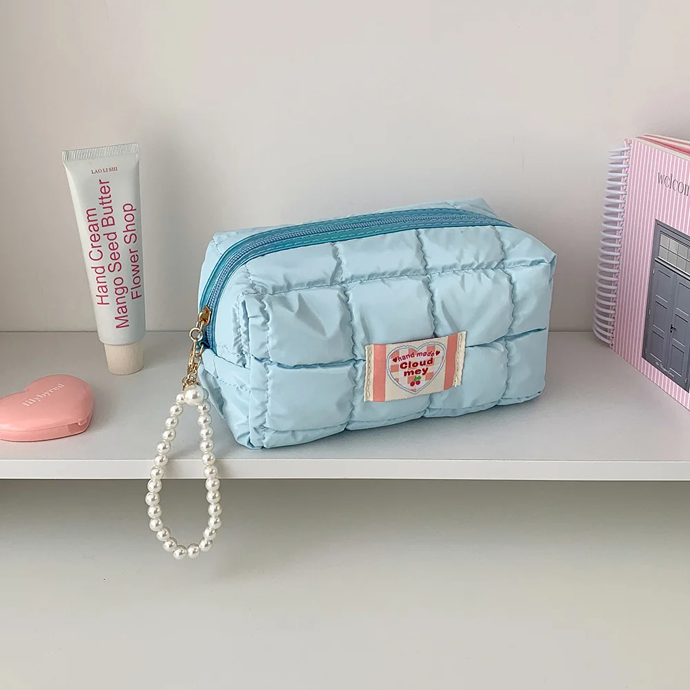 Pearl Handle Cosmetic Bag Portable Large Capacity Makeup Bag Travel Toiletry Bag Solid Color For Suitcase Purse School