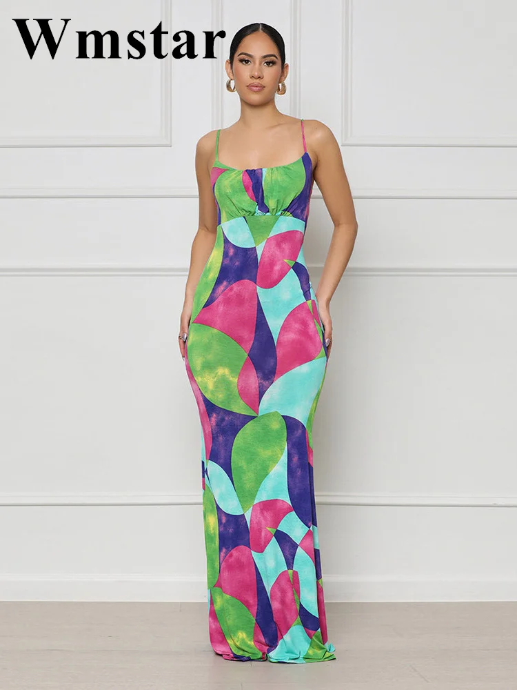 

Женское платье Wmstar, новейшее повседневное модное платье с цветным принтом, без рукавов, с воротником хомутиком, облегающие Женские уличные длинные цельнокроеные платья