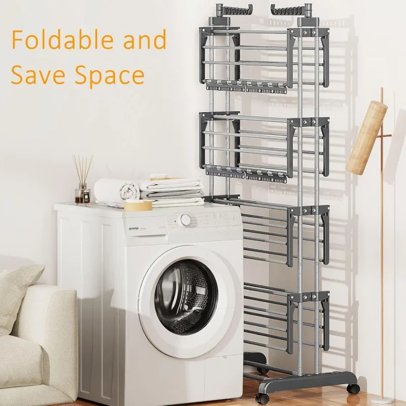 5 Tier Clothes Drying Rack Oversized, Foldable& Adjustable Height Rolling Clothes Rack Stainless Steel with 4 Castor 4