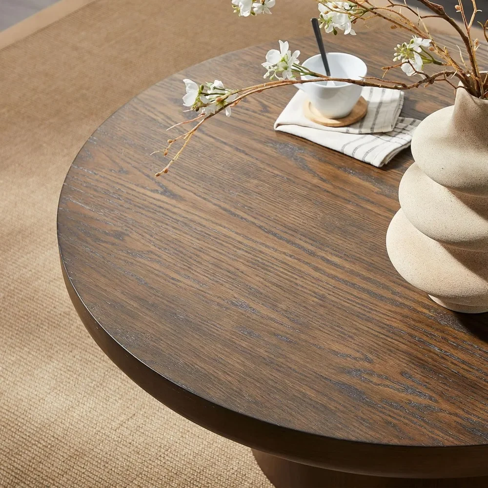 Round Wood Coffee Table for Living Room Modern Circle Coffee Table Pedestal Center Table for Apartment, Easy Assembly Brown 4