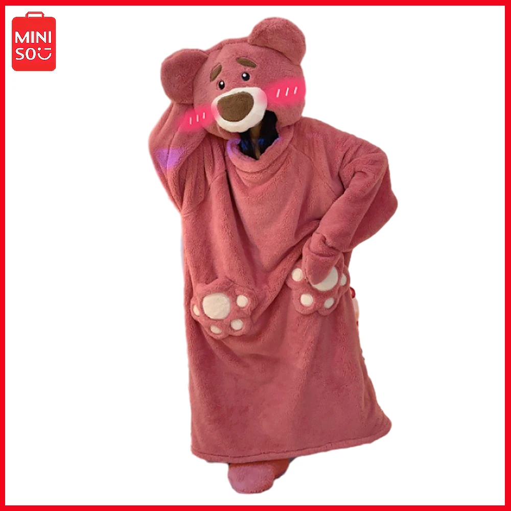 

New Miniso Lotso Cartoon Funny One Piece Casual Loose Womenthick Autumn Winter Hooded Cute Plus Size Warm Coral Velvet Homewear