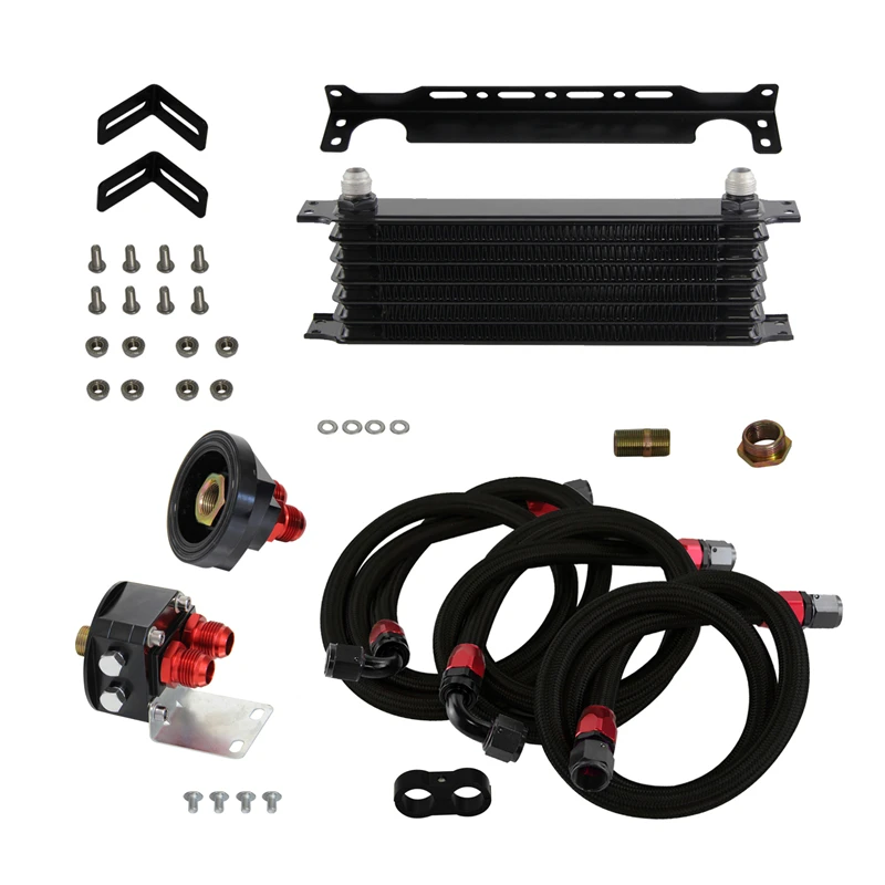 

7 Row 262mm AN10 Universal Engine Oil Cooler Trust Type + Filter Adapter Relocation Kit Black/Blue