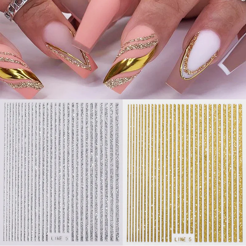 

French Tips Nail Stickers 3D Gold Rose Curve Stripe Lines Tape Swirl Sliders Manicure Adhesive Gel Nail Art Decals MJ016-MJ030