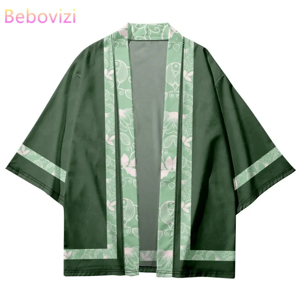 Green Kimono Summer Beach Geometric Print Japanese Samurai Kimono Fashion Men Women Cardigan Haori Obi Oversized Tops japanese kimono,japanese kimono cardigan