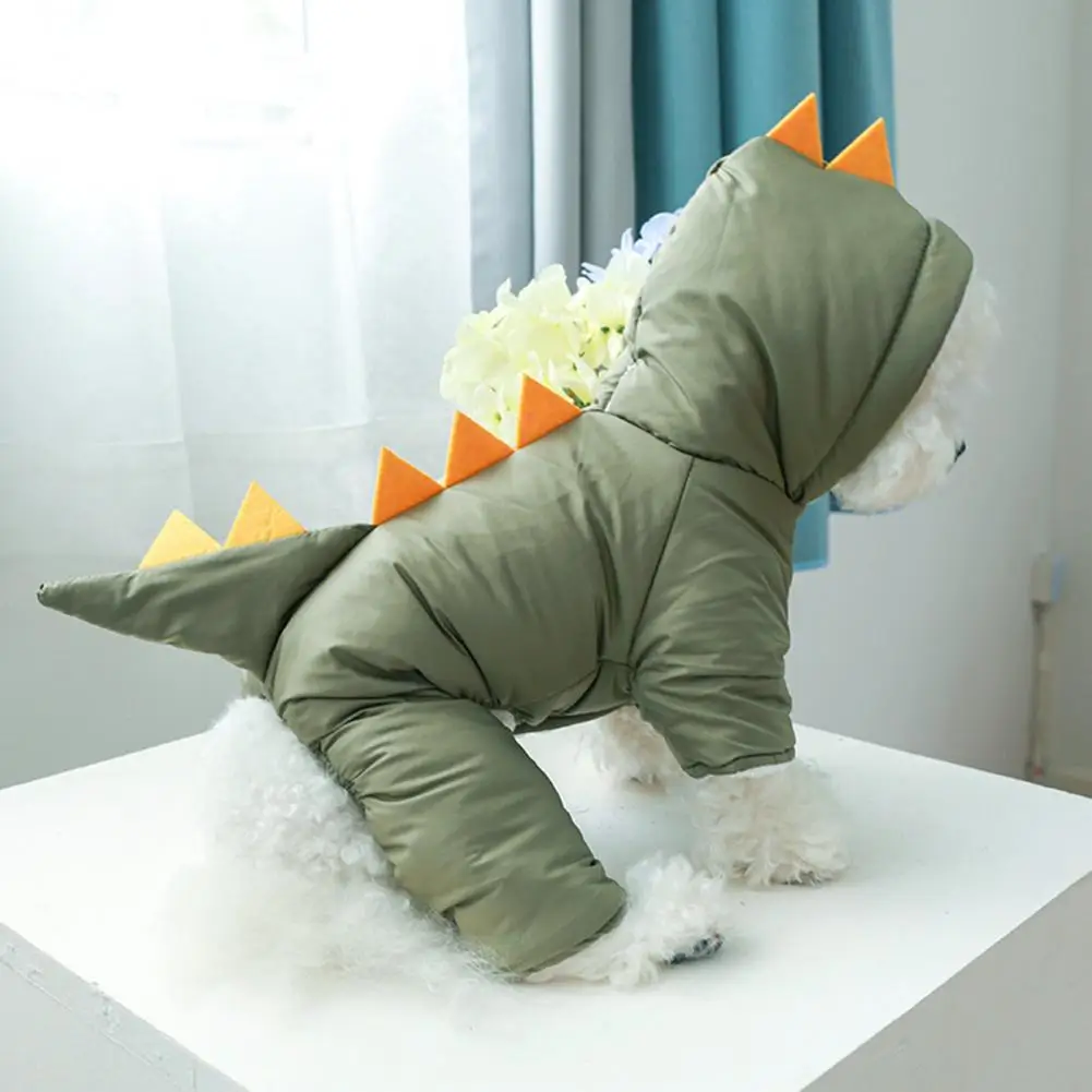 Dog Winter Jumpsuit Single-breasted Cartoon Dinosaur Shape Thicken Long Sleeves Four Legs Keep Warm Soft Padded Cardigan Pet Dow